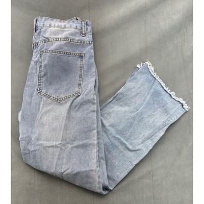 Womens Distressed Patchwork Straight Jeans Light Wash High Rise Raw Hem 29x27