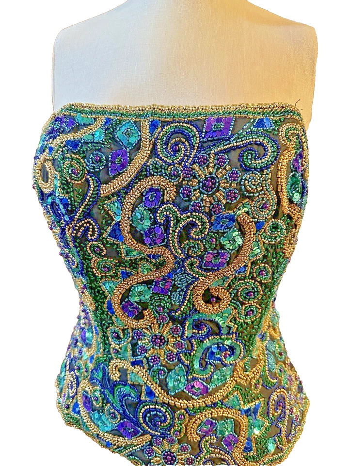 Corsé bustier de seda con cuentas pesadas corbata negra vintage OLEG CASSINI mediano Foto 4 de 4