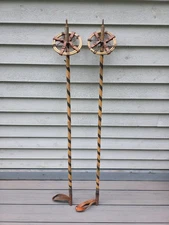 Beautiful VINTAGE Old BAMBOO Snow Ski Poles LEATHER BASKETS  Measures 55"