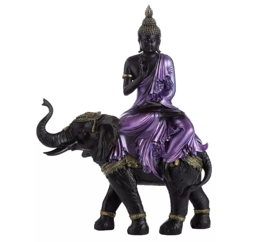 Grande Thai Buddha Nero Lilla Su Elefante 38 CM Poly Figura