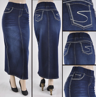 Women Denim 38'' pencil dark wash pull on elastic W/B  embroidery  #WG-88040