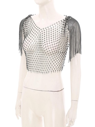 Women Mesh Crop Top Hollow Out Lace Up Tassel Cover Up for Beach Nightclub Party - Afbeelding 5 van 19