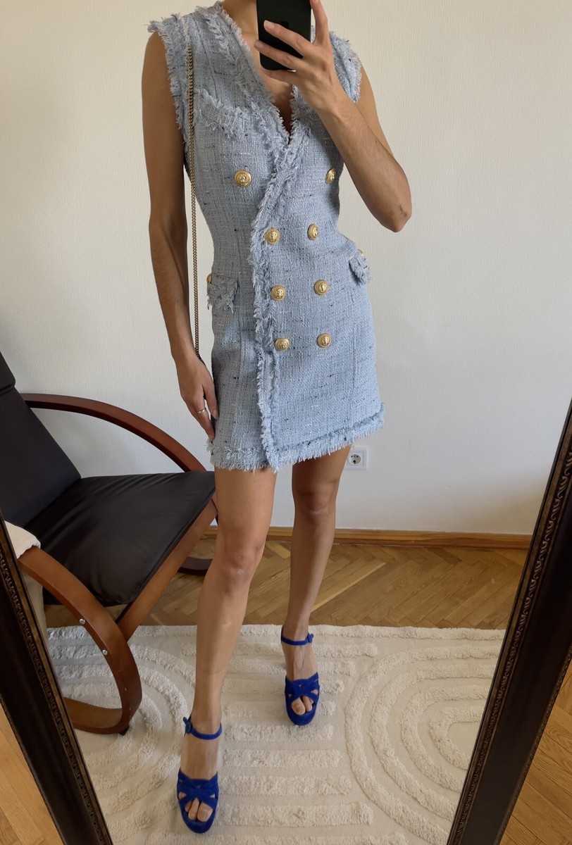 4k Gorgeous Authentic Balmain Gold Buttons Blue Tweed Mini