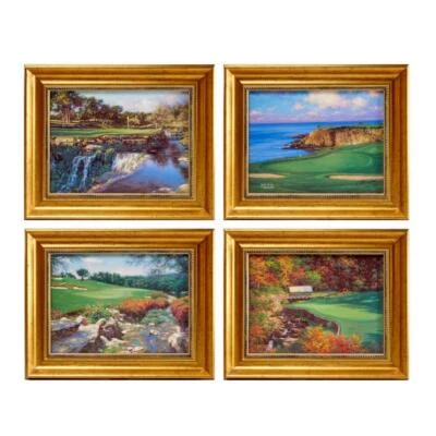 Larry Dyke Golf Course Country Club Print Canvas Gold Gilt Frame 4p Lot Signed - Image 1 of 4
