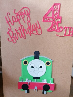 Unique Custom Handmade 4th Birthday Percy fromThomas Tank engine on recycledcard