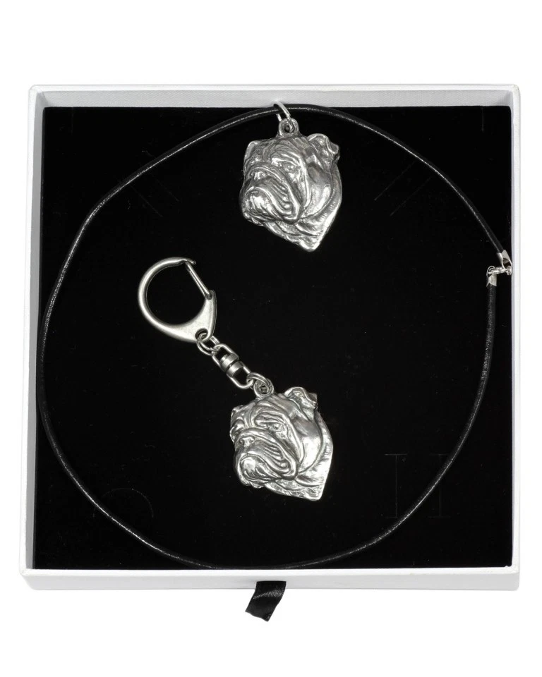 English Bulldog   necklace, keyring, set with a dog in white box, Art Dog USA