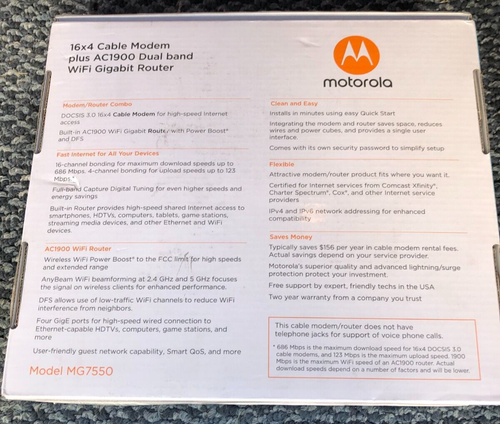 Motorola MG7550 16x4 Cable Modem Plus AC1900 Dual-Band WiFi Gigabit Router - NEW - Zdjęcie 4 z 4
