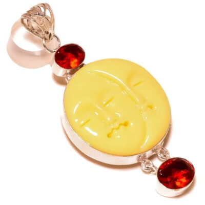 Engraved Double Moon Face & Red Apatite Gemstone 925 Silver Handmade Pendant