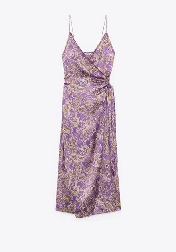 BNWT - ZARA Purple Paisley Floral Satin Wrap Tie Midi Dress Size M - RRP 45.99£