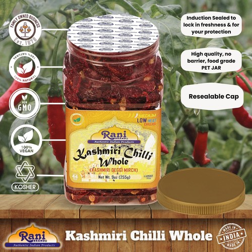 Rani Kashmiri Chili ganz stiellos (Deggi Mirch, niedrige Hitze) 9oz (255g) PET Glas - Bild 4 von 8
