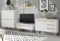 Wohnwand Anbauwand Schrankwand Skandinavisch Soft-Close Weiß Matt Eiche Isgard