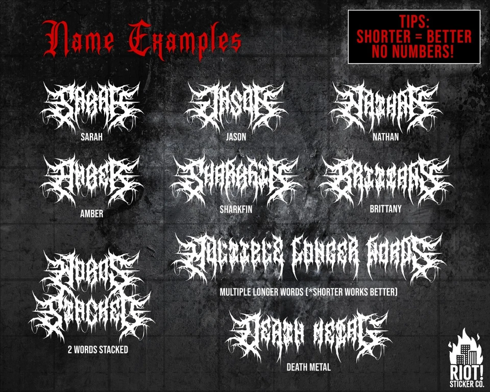 Your Name in Death Metal Font Custom Text Vinyl Decal - Death Metal, Black Metal - Image 2 of 2