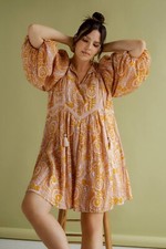 Anthropologie Lace Detail Mini Dress XS Pink Combo V-Neck Tasseled 3/4 Sleeve