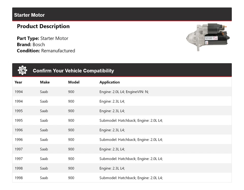 Para 1994-1998 Saab 900 Bosch Starter (Remanufaturado) 1995 1996 1997 - Imagem 2 de 4