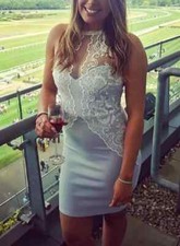 Lipsy Bodycon Dress Size 10 Party Grey White Lace Wedding Occasion Silver Races