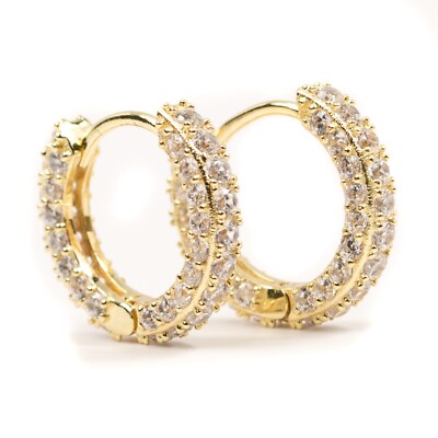 Yellow Gold Plated Fully Iced 925 Sterling Silver Post Thin Cz Hoop Earrings