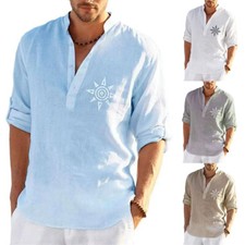 Mens Summer Short Sleeve Linen Shirts Solid Loose Casual Dress Shirt Blouse Tops