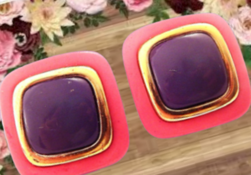 Pink Purple Gold Square Earrings Mod Vintage Jewelry 1980s Fashion Pierced Ears - Picture 2 of 7