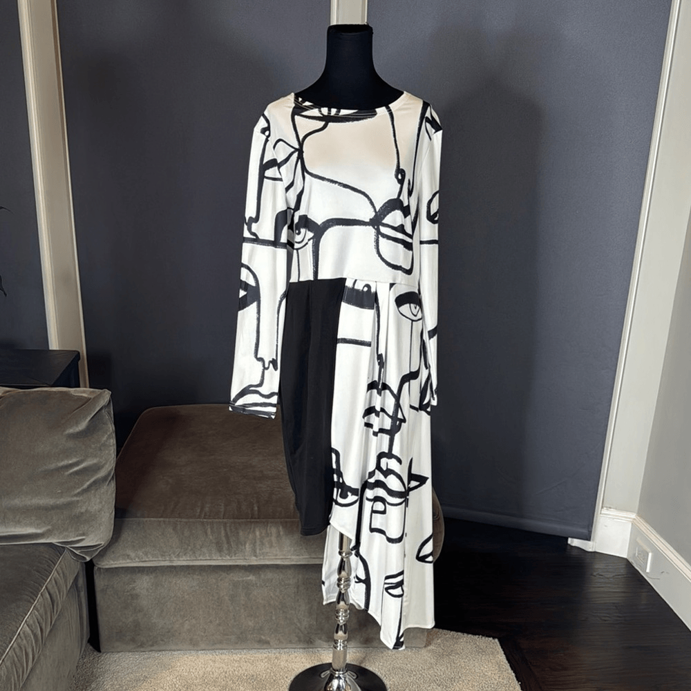 Women's Abstract Black & White Long Sleeve Midi Dress Irregular Hem Size XL  NEW | eBay