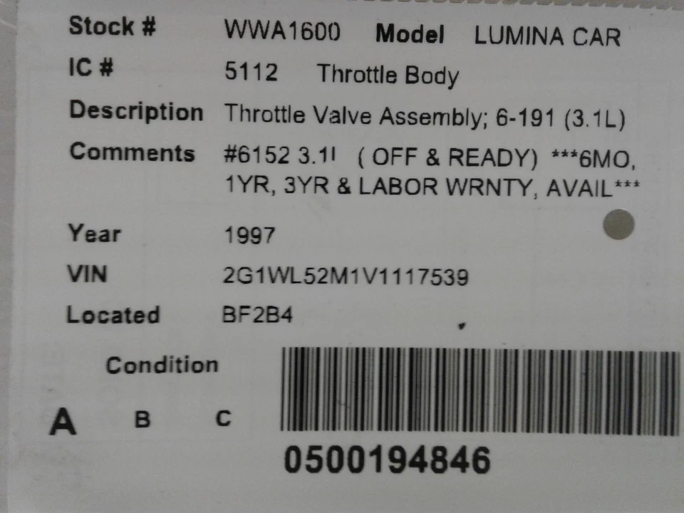 Used Fuel Injection Throttle Body fits: 1997 Chevrolet Lumina car Throttle Valve - Изображение 3 из 4