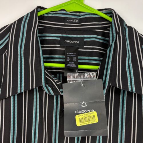 Claiborne Mens XXL Button Front Shirt Black Turquoise Stripes 100% Silk Long Slv - Picture 4 of 10