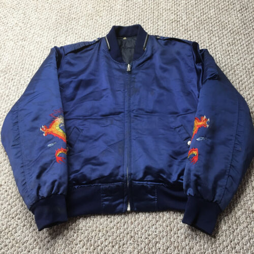 Vintage 80s Bomber Jacket Large Sukajan Souvenir Satin Blue Japan Tour Flaws - Picture 9 of 15