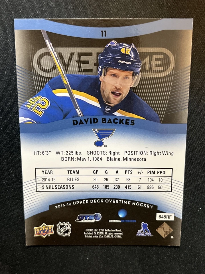 15-16 UD Overtime Hockey Blue Parallel SP 11 David Backes - Image 2 of 2