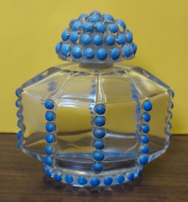 Old 1925 TURQUOISE Marshall FIELD Clear GLASS w/ BLUE ENAMEL PERFUME BOTTLE