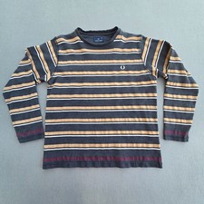 Fred Perry T-Shirt Mens Size M Grey Brown Long Sleeve Round Neck Cotton Striped