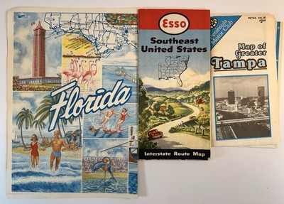 Vintage Esso Florida Map Lot Interstate Route Map & Greater Tampa Map 1950s