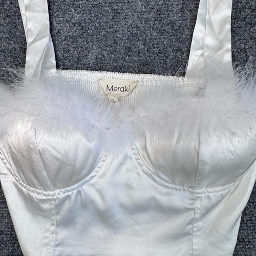 Meraki White Satin Feather Trim Corset Crop Top MT7184323XMK Womens XS - Bild 2 von 6