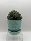 McCoy Pottery Planter W Saucer Vintage Flower Pot Aqua Blue Beaded Design