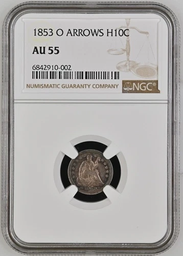 1853-O ARROWS Seated Half Dime H10C NGC AU55 (CAC)