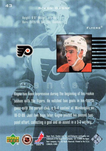 1999-00 Upper Deck Ovation #43 Simon Gagne - Picture 2 of 2
