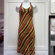 Y2K Divided XS Striped Halter Midi Dress Colorful Halloween Orange Babydoll