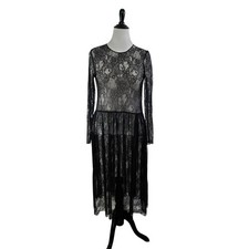 Black Lace Sheer Mesh DRESS M Witchy Whimsigoth Fairy Long Sleeve Vamp Goth