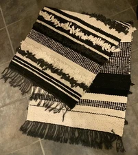 64” X 25” 100% Cotton Rag Rug Runner Black & Ivory Stripes W Fringe