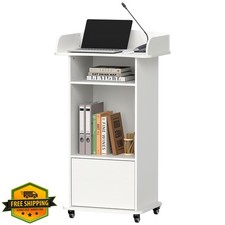 Suuiwau Portable Podium Stand - White Mobile Lectern with Wheels and Storage