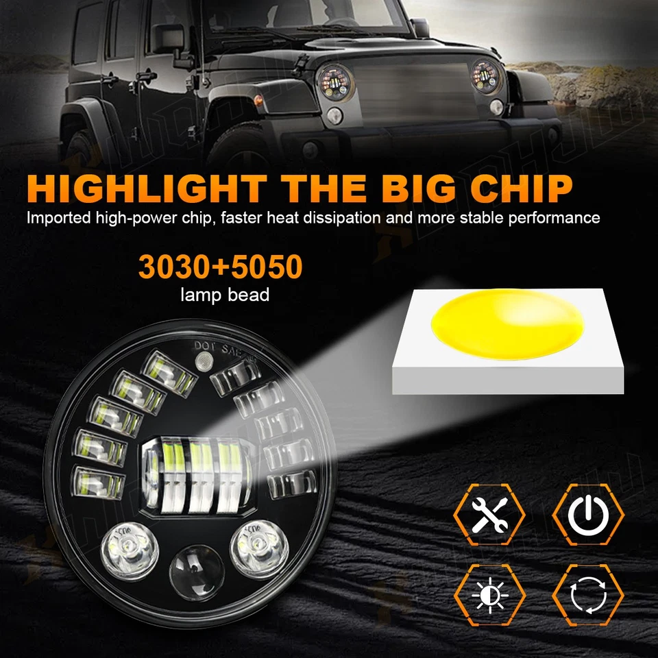 Fit for Ford Bronco 1966-1978 2x 7" Round LED Headlights Hi-Lo Beam Lamp US - Изображение 3 из 4