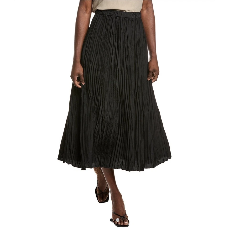 Eileen Fisher Pleated Full Midi Skirt Classic Quiet Luxury Minimal Black Large
