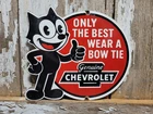 VINTAGE FELIX CHEVROLET PORCELAIN SIGN OLD CHEVY DEALER BOWTIE DIECUT CAR TRUCK