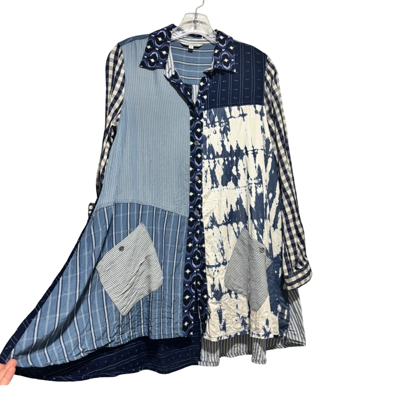 JOHN MARK Patchwork Blue White Gingham Stripe Tie… - image 2