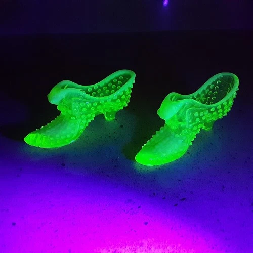 Pair of Fenton Topaz Opalescent Hobnail Uranium Glass Slippers/Shoes - Chipped