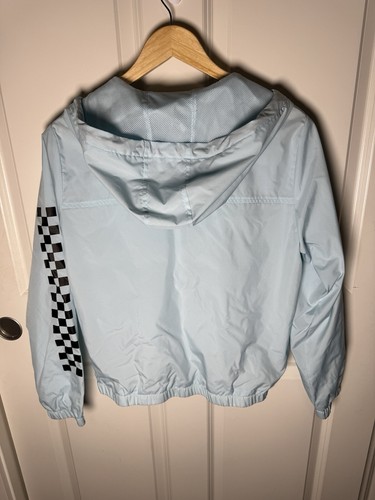 Vans Hooded Windbreaker Jacket Full Zip-Up Light Blue Checkered Design Sz Small - Picture 4 of 8
