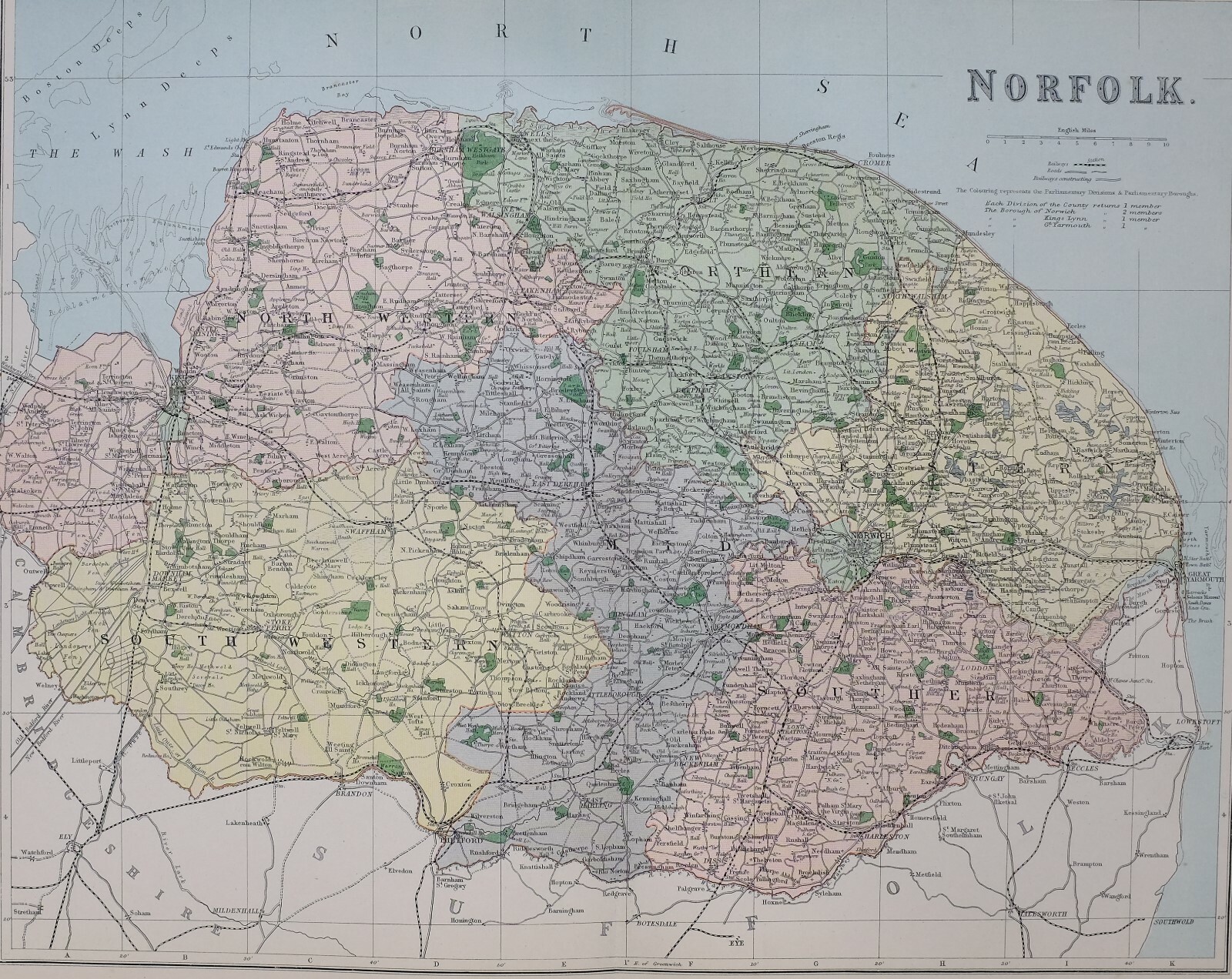 1889 COUNTY MAP NORFOLK SWAFFHAM KINGS LYNN NORTH WALSHAM NORWICH