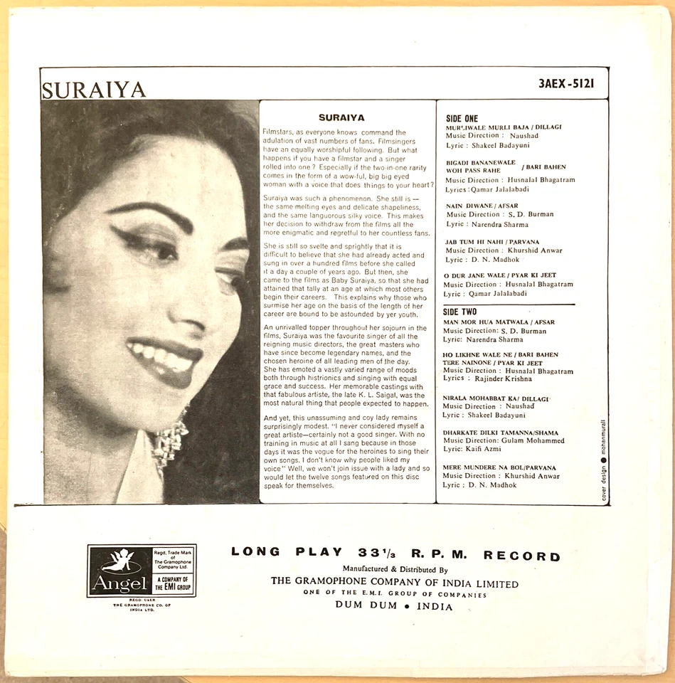 SURAIYA ‘Suraiya’ Vinyl 1967 LP 3AEX-5121 Angel EMI India Foto 4 de 4