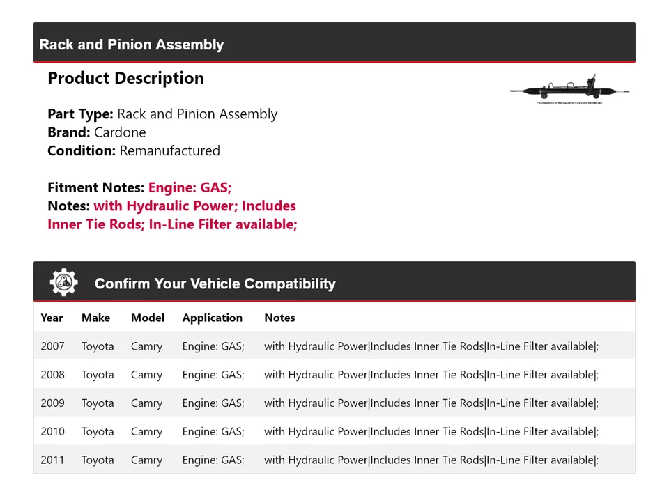 Conjunto de piñón y cremallera de gas Cardone 2008 2009 2010 para Toyota Camry 2007-2011 Foto 2 de 4
