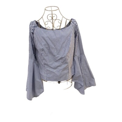 NWT Petersyn Harlan Blue White Stripe Cotton Blouse Bell Sleeve Top M
