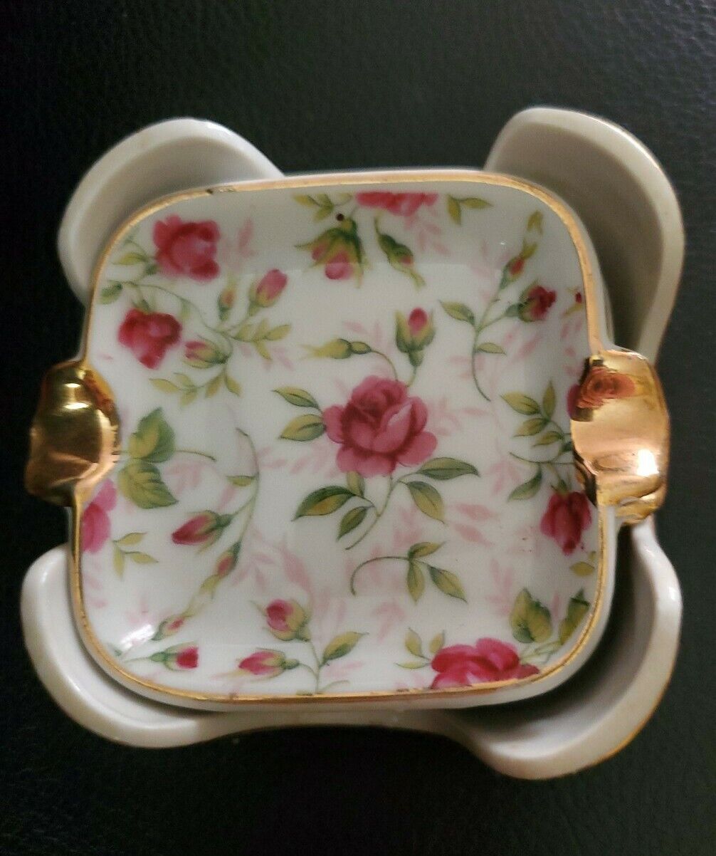 Vintage Lefton China Hand Painted Floral Pink Rose 4 Pc Ashtray Set Marked  666R