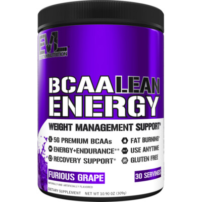 EVL BCAA Lean Energy 30srv Fat Burner BCAAs PreWorkout Recovery Drink - Blue Raz